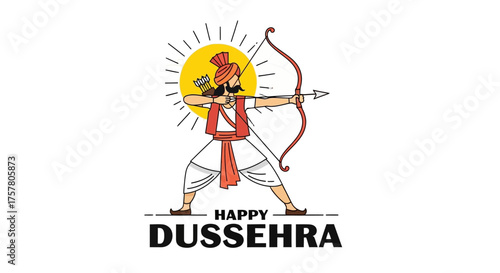 Celebrate Happy Dussehra with this vibrant illustration of Lord Rama poised with bow and arrow against a bright sun, perfect for festival greetings