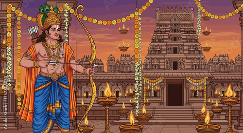 Lord Rama aims his arrow with divine grace, the temple glowing with candlelight, a vibrant celebration of faith and light on a beautiful evening