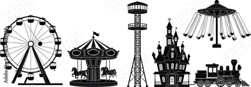Amusement park silhouettes, Ferris wheel carousel tower haunted house swing ride train, black and white vector illustration, fun attraction icon set