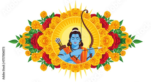 Vibrant illustration of Lord Rama with bow and arrow, surrounded by marigold flowers, perfect for festive Diwali celebrations and cultural designs