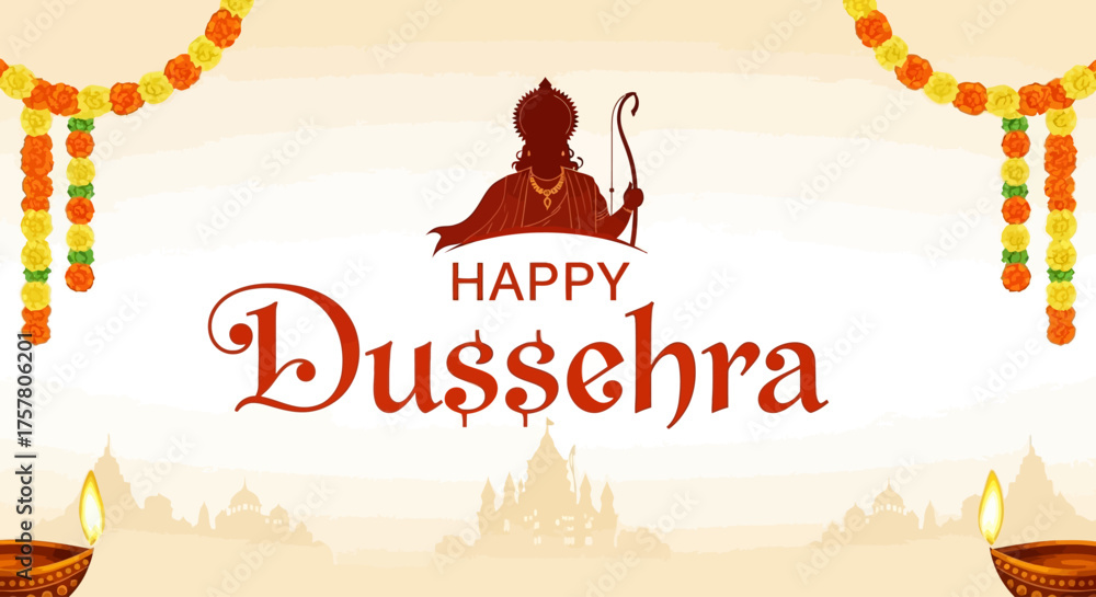 Fototapeta premium Celebrate the triumph of good over evil with vibrant Dussehra greetings featuring Lord Rama and festive decorations