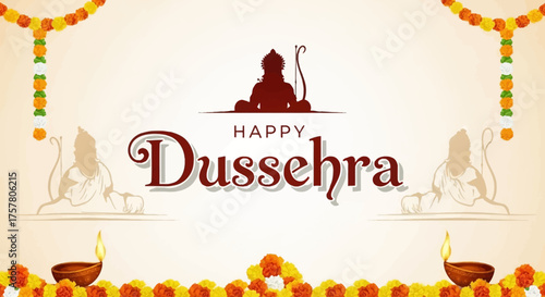 Celebrate Dussehra with vibrant floral garlands, auspicious diyas, and iconic depictions of Lord Rama for a joyous festival greeting