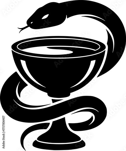 Snake Coiling Around a Grail with Liquid Black and White Outline Line Art Drawing Detailed Vintage Engraving Style
