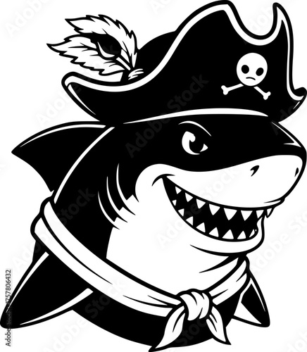 Cute Shark with Pirate Hat Grinning Portrait Black and White Outline Line Art Drawing Vintage Style
