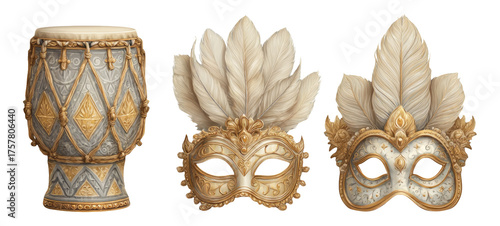 Elegant Carnival Masks and Drum with Feathers on Transparent Background