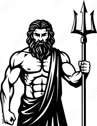 Poseidon God of the Sea Holding Trident Muscular Bearded Black and White Outline Line Art Drawing
