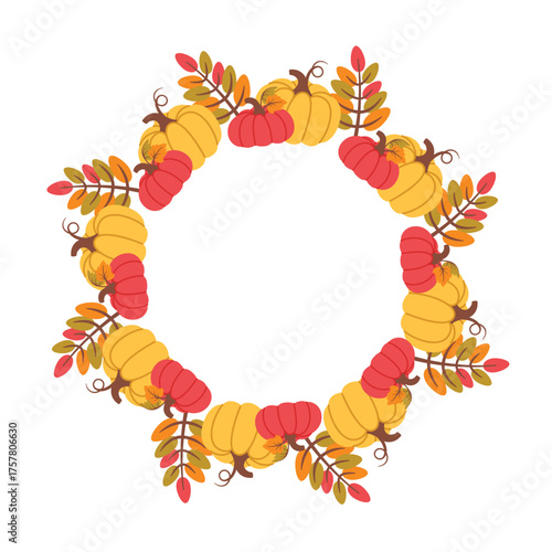 Pumpkin wreath isolated on white background.  Autumn foliage frame. Fall design. Thanksgiving border. Circular frame with seasonal leaves. Vector illustration for invitations, labels, packaging, cards