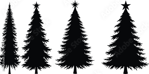 Black silhouette illustration of Christmas pine trees with star decorations, isolated on white background, festive holiday design, seasonal decoration, nature.
