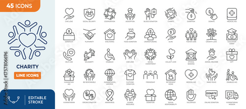 Charity line editable icon set. featuring  support, giving, heart, volunteer, kindness, and more . thin linear illustration.
