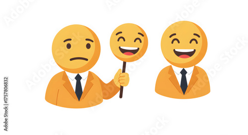 Illustration depicting a person with a sad expression holding a happy face mask, with another happy person.