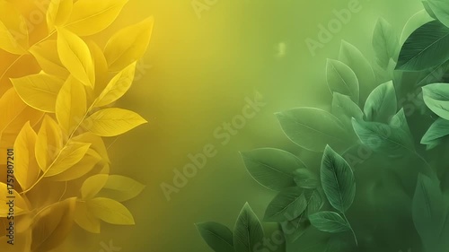 Vibrant Yellow and Green Leaves Bordering a Soft Gradient Background with Subtle Bokeh Effects Evoking Nature's Transition and Growth Ideal for