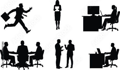 Business people silhouettes, teamwork, office meeting, corporate communication, professional employees, working on computer, collaboration, career growth, leadership, workplace success