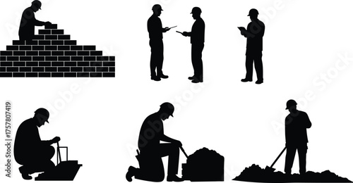 Construction workers silhouettes building brick wall, digging soil, checking plans, teamwork on site, industrial labor concept, black and white illustration
