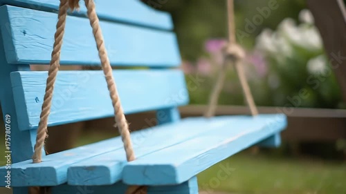 Serene Wooden Swing Set with Vibrant Blue Paint and Natural Rope Hangers Gently Swaying in a Lush Green Garden Amidst Softly Blurred Pink and White