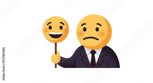 A businessman wearing a suit holds a happy face mask, concealing his sad expression, against a plain white background.