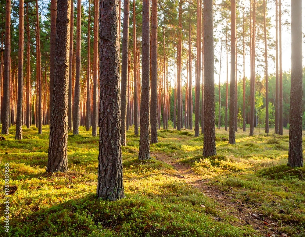 Fototapeta premium Sunlight filtering through a dense pine forest