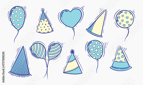 A collection of hand-drawn party balloons and hats in pastel blue and yellow colors suitable for birthday or celebratory designs.