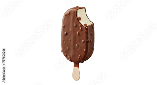 Delicious Bitten Ice Cream Bar with Crunchy Chocolate Coating and Nuts, Revealing Creamy Vanilla Ice Cream on a Stick, Isolated on a Pure White Background for Refreshing Summer Dessert Appeal
