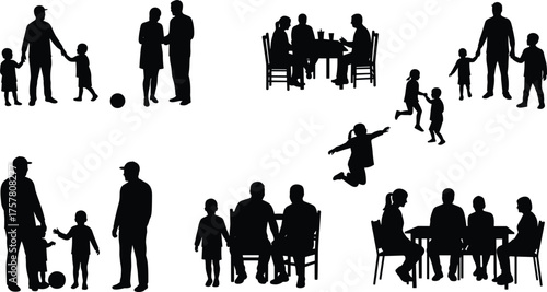 Happy family silhouettes spending time together, parents and children playing, talking, eating, bonding, outdoor and indoor lifestyle illustration