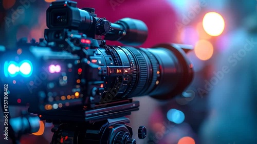 Professional Video Camera Equipment Illuminated With Colorful Bokeh Lights in Background