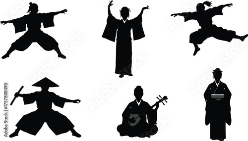 Japanese culture silhouettes, martial arts, traditional kimono, samurai poses, geisha, musician with shamisen, warrior training, asian heritage, dance, cultural performance