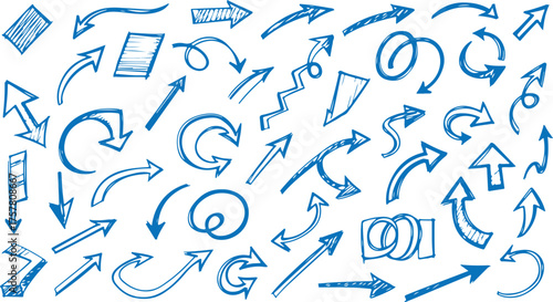 Collection of hand drawn blue arrows and symbols on white background
