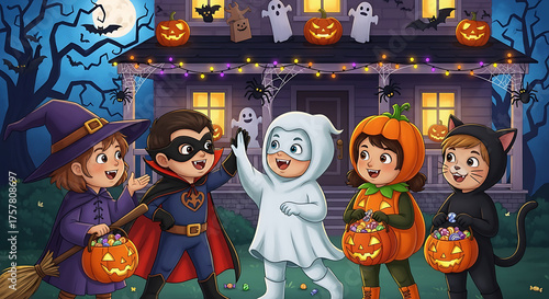 Kids in Halloween Costumes Trick or Treating in Front of Haunted House