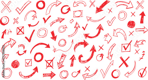 Collection of red hand drawn arrows checkmarks circles and x marks on white background
