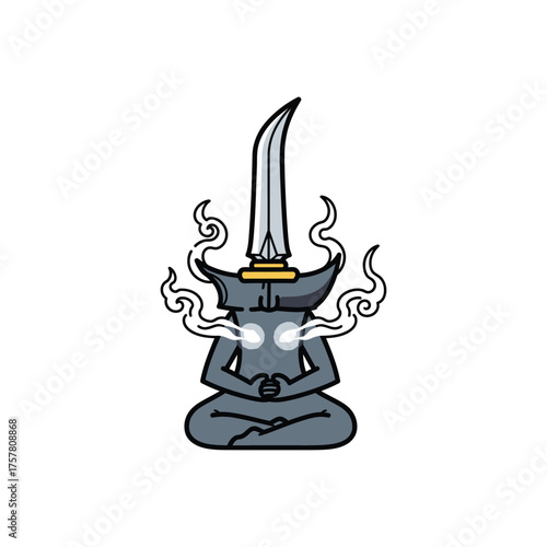 focused on main subject meditation statue with sword details.