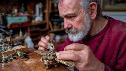 Artisan crafting metal sculpture with detailed focus in workshop setting