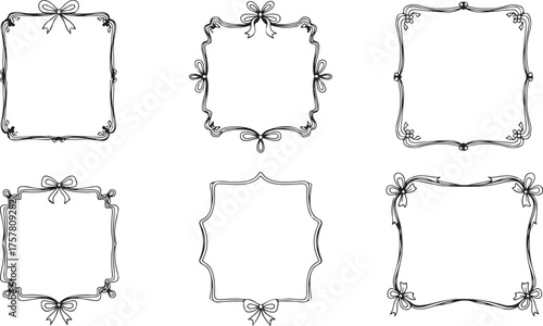 Collection of six ornate vintage decorative frames with intricate floral and scrollwork details in a black and white illustration style