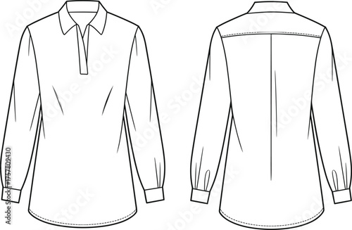 Men's long sleeve shirt technical sketch, fashion flat drawing, pointed collar, partial placket, cuff detail, front and back view illustration