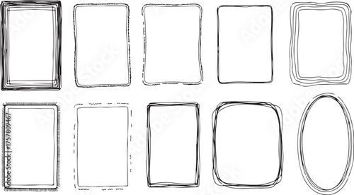 Collection of hand drawn grunge rectangular and oval frames with textured borders for design elements