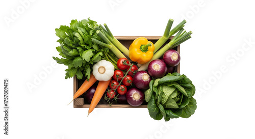 Fresh Organic Vegetables in Wooden Crate Top View on White Background. Colorful Assortment of Healthy Raw Produce for Cooking, Healthy Eating, Farm to Table, and Diet Concepts.