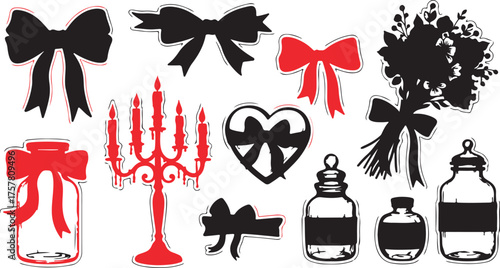 Collection of decorative black and red silhouettes featuring bows candlestick heart and bottles for design elements