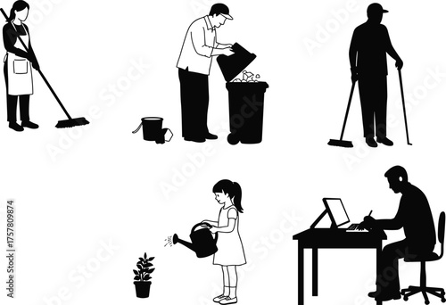 People silhouettes doing daily activities, cleaning, working, gardening, and waste management, lifestyle and occupation concept illustration on white background vector