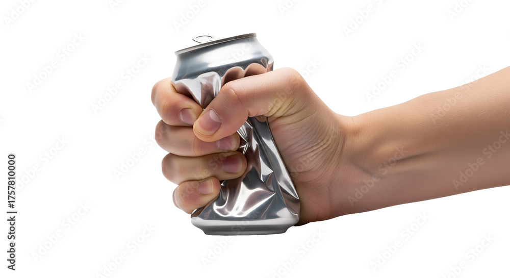 Fototapeta premium Hand crushing aluminum can into a ball