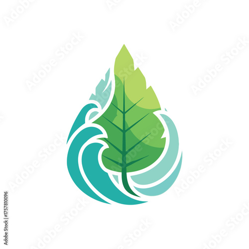 A stylized logo featuring a leaf within a water droplet, surrounded by waves, representing nature.