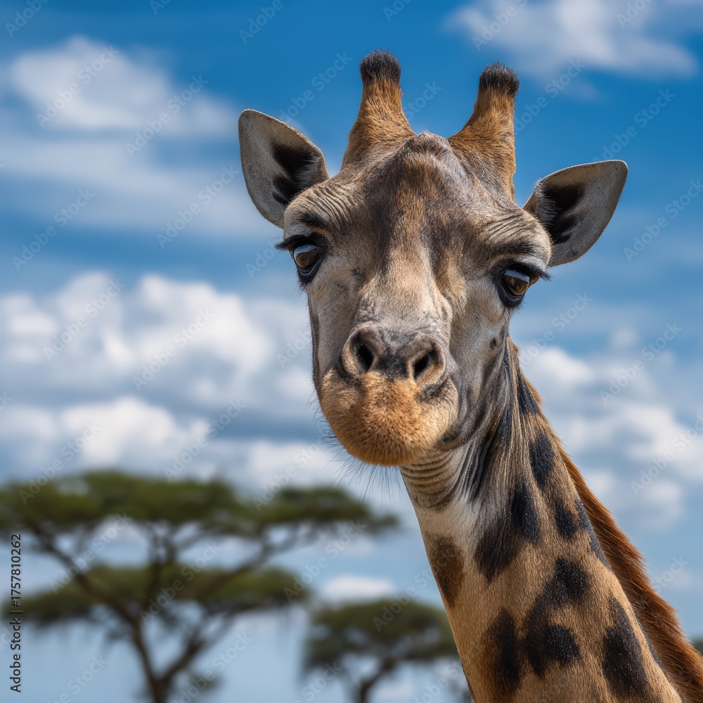 Naklejka premium Giraffe head and neck close up against a blue sky with clouds and acacia trees in the African savanna