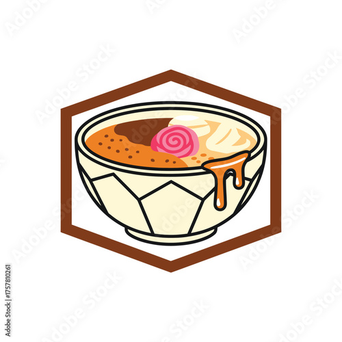 A detailed illustration of a bowl of Japanese ramen with various toppings, presented within a hexagonal frame.