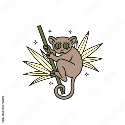 A cartoon illustration of a tarsier primate clinging to a green bamboo stick with leaves.