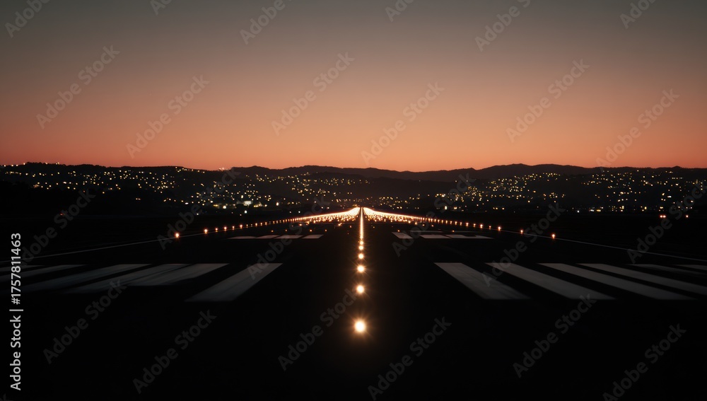 Fototapeta premium A long, dark runway stretches toward a city of twinkling lights, bathed in the soft hues of a twilight sunset.