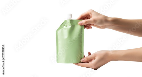 Hands Holding Green Pouch Mockup, Product Packaging, Food or Beverage Container, Blank Template, Spout Pouch, Clean Presentation, Isolated on White