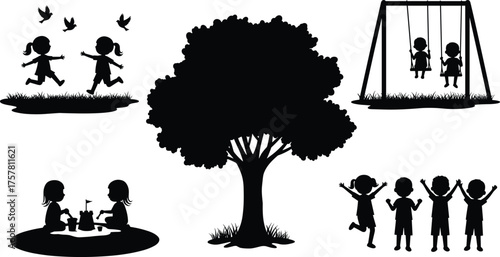Silhouette illustration of children playing outdoors, running, swinging, and building sandcastles under a big tree, representing childhood joy, nature, and friendship