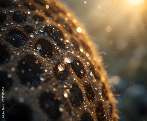 Macro view of sparkling dew on a textured surface, bathed in warm morning light.