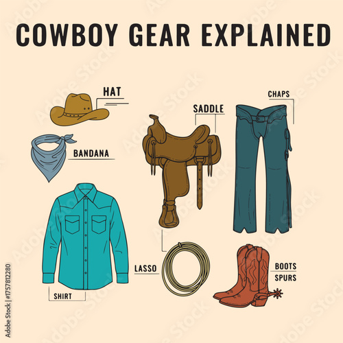 Vector art of cowboy gear explained with illustrations of hat, bandana, shirt, lasso, saddle, chaps, boots, and spurs for a western lifestyle theme