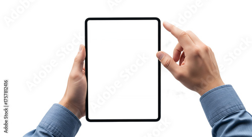 Man holding a tablet with a blank screen and touching the display, perfect for app and website design mockups