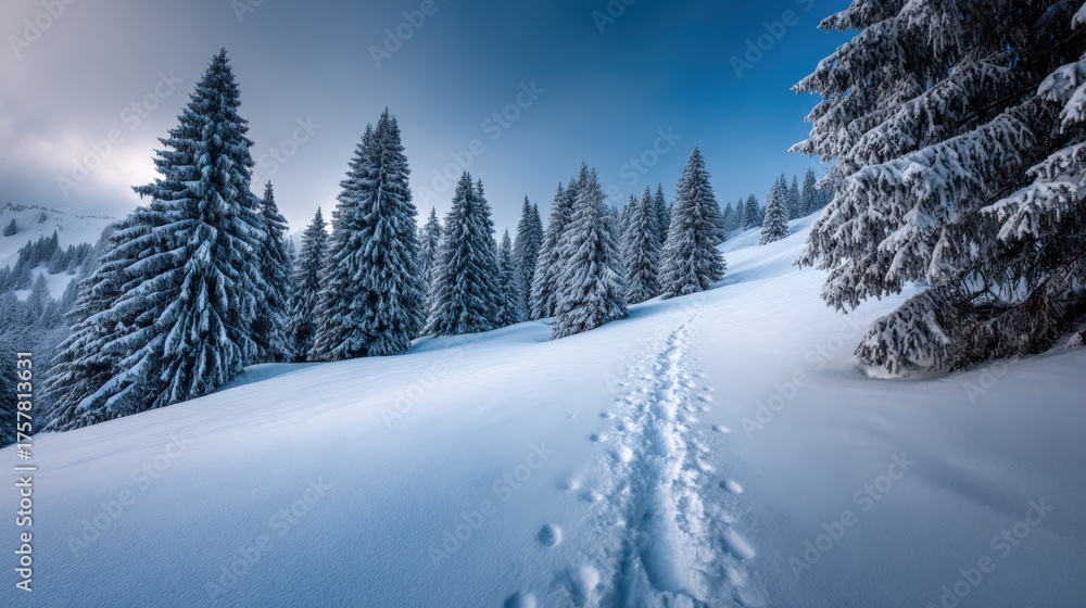 Fototapeta premium Winter Wonderland: Snow-Covered Pine Trees and Footprints in a Serene Landscape on a Hillside