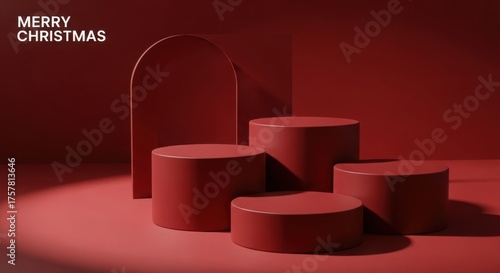 Festive red podium display for merry christmas product showcase presentation illustration