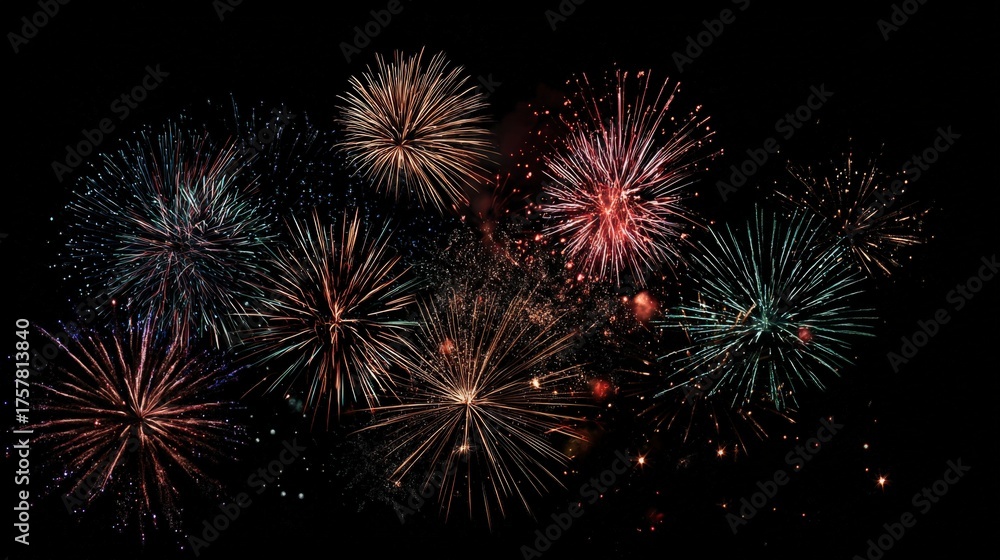 Fototapeta premium Spectacular Fireworks Display Illuminating the Night Sky, Celebrating Festive Occasions and Joyful Events
